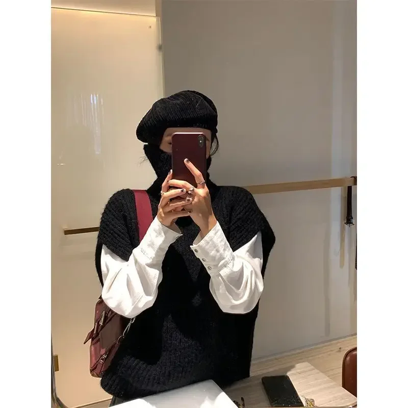 

Шерстяной свободный жилет без рукавов с высоким воротником для верхней одежды, вязаный жилет для женщин, новинка 2024, осень и зима, маленькая зима