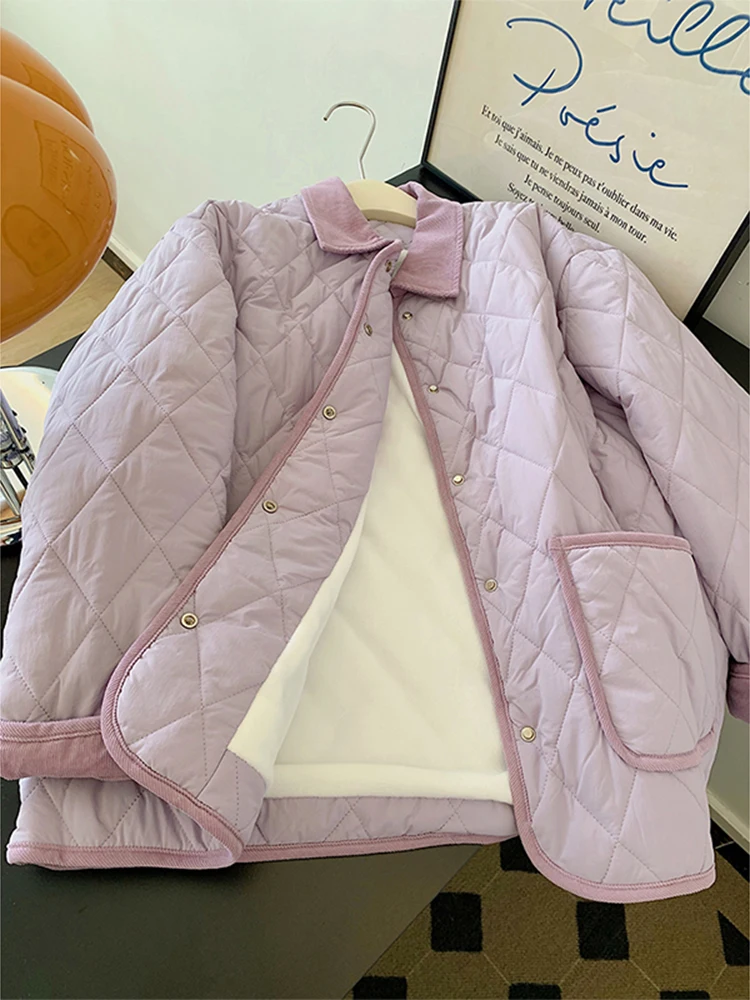 Giacca trapuntata da donna chic con colletto con risvolto viola Autunno Inverno Velluto caldo monopetto Cappotto corto Capispalla femminile