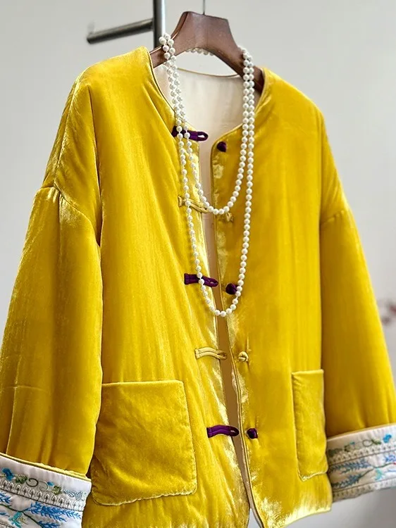 

Новая китайская ретро-куртка из хлопкового бархата с вышивкой, желтая, утепленная, на пуговицах, для женщин