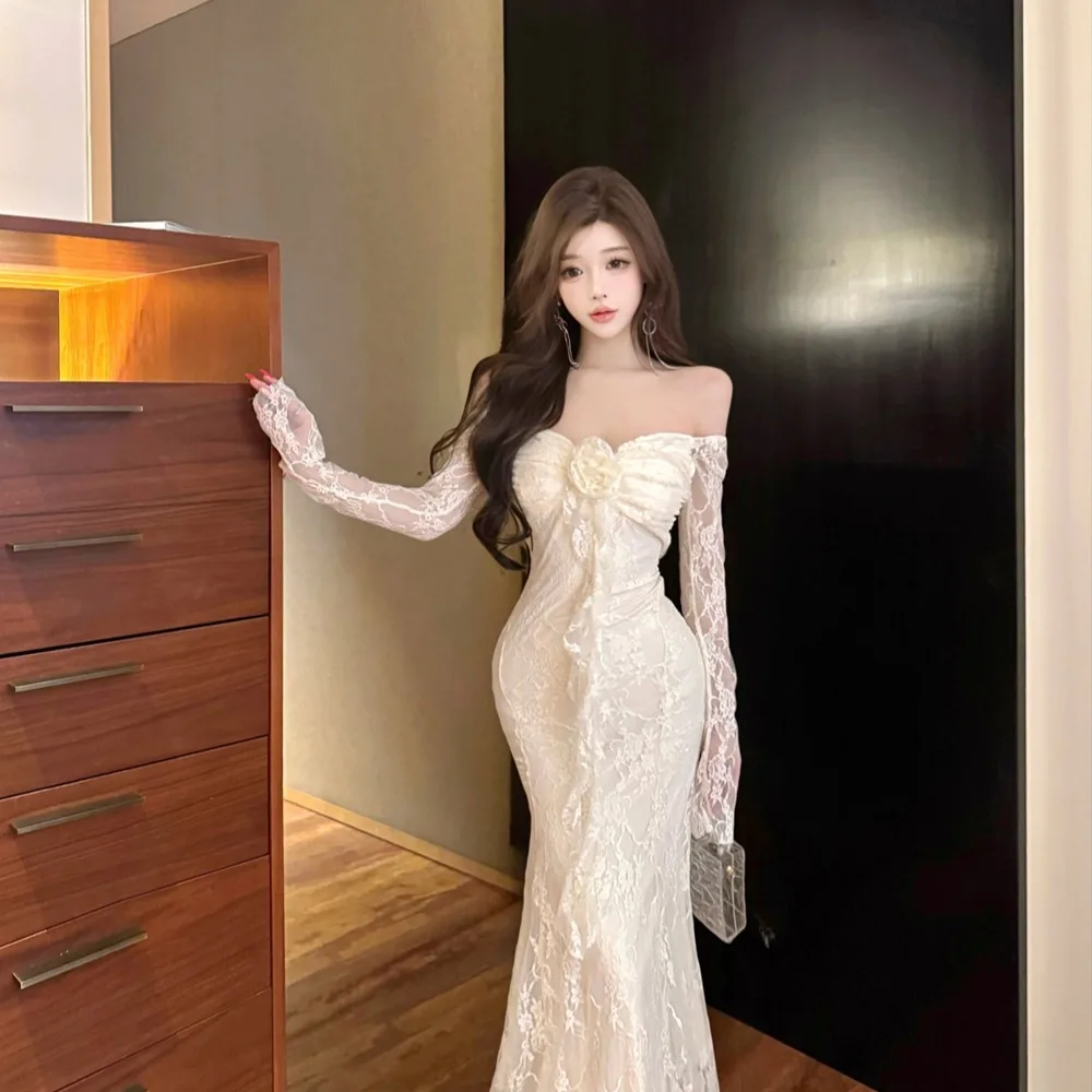 

Sweet Gentle Pure Desire Lace Trim Faion Slim Fit Fi Tail Dr High Waist Long Sve Autumn New Sle Women's Dr