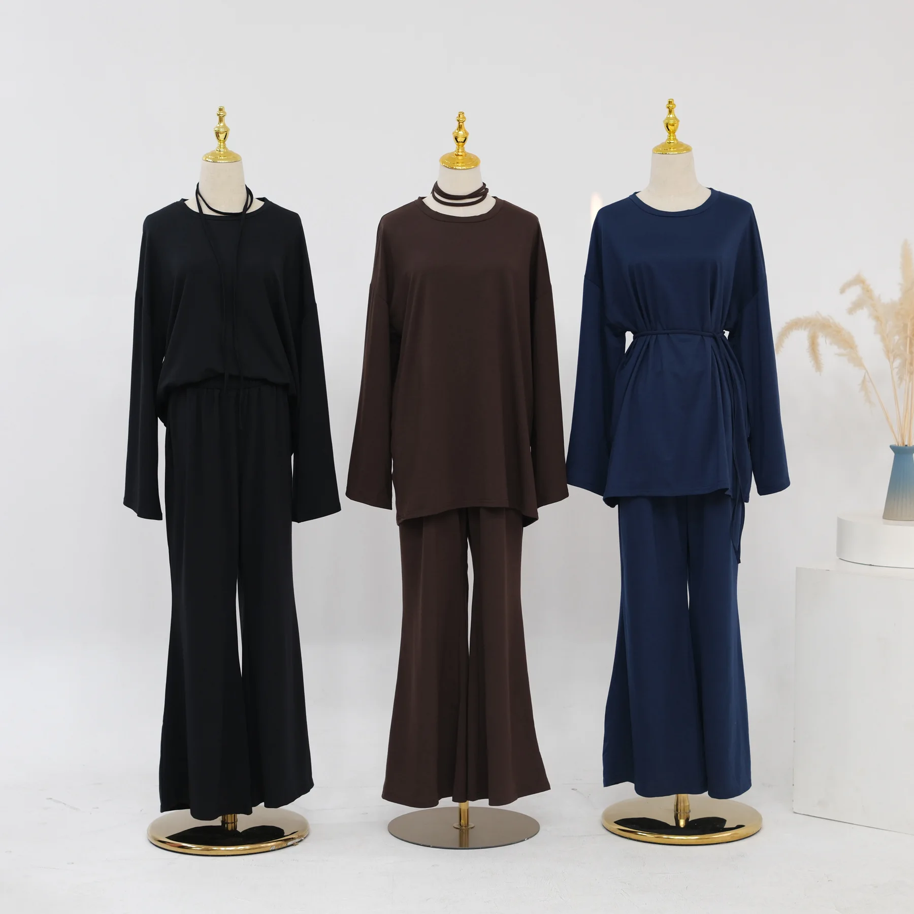 Muslim Women 2 Piece Set Pleated Long Sleeve Tops Wide Leg Pants Trousers Suit Dubai Abaya Turkish Kaftan Dress Gown Eid Mubarak