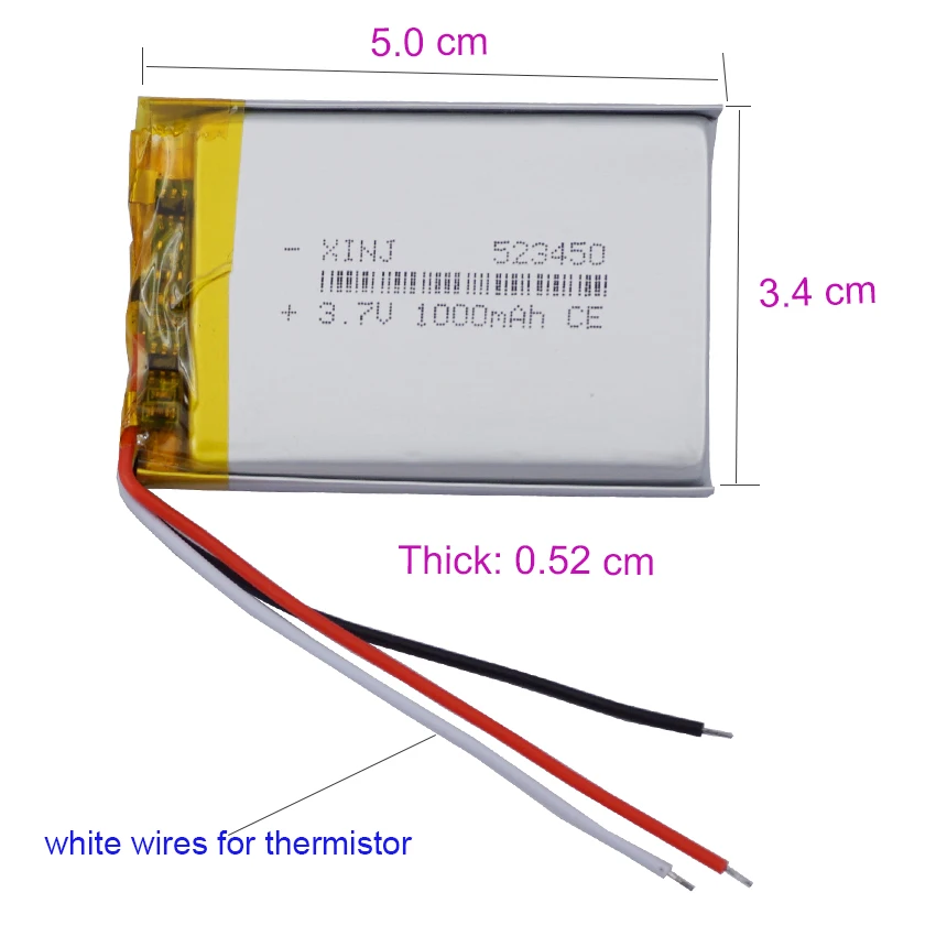 3.7V 1000mAh 3.7Wh Li-Polymer Rechargeable Li Lithium-ion Battery 523450 JST 3Pin NTC Thermistor 3-Wires For GPS Camera Dashcam