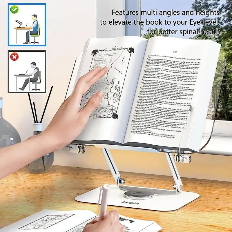 Suporte de livro multifuncional para leitura, Rotatable Textbook Display, Desktop Ricer, Folha Cookbook, Música, Computador portátil, 360