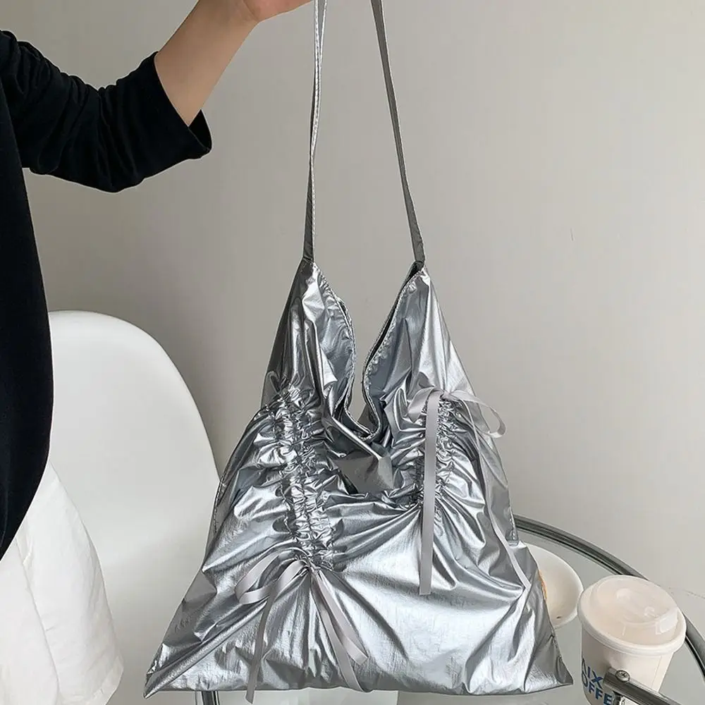 

Cute Korean Style Bow Drawstring Bag Fold Bowknot Nylon Ruched Shoulder Bag Niche Design Commute Silver Tote Bag Girls