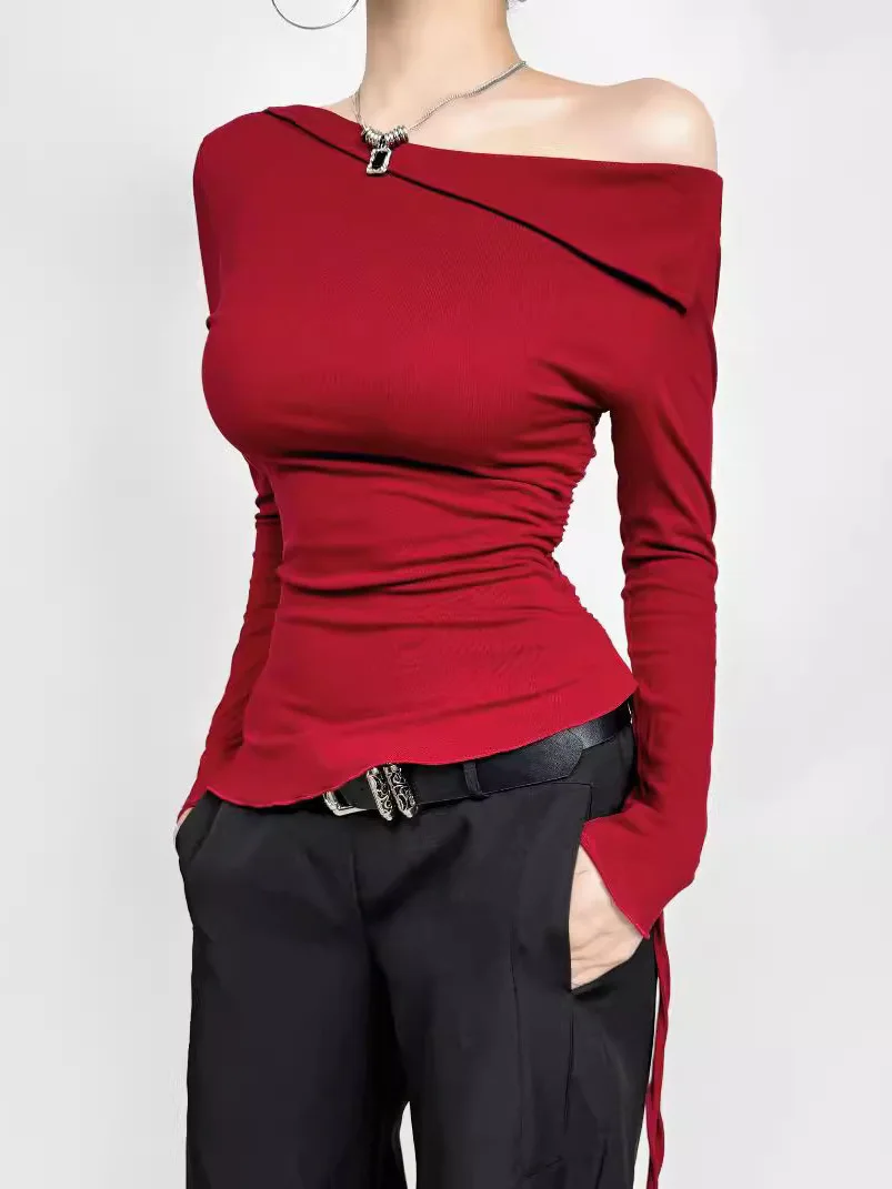 Ontwerp 2024 herfst gevoel schuif hals off shoulder lange mouw trui vrouwen cinching taille effen slanke casual veelzijdige top 45 MH