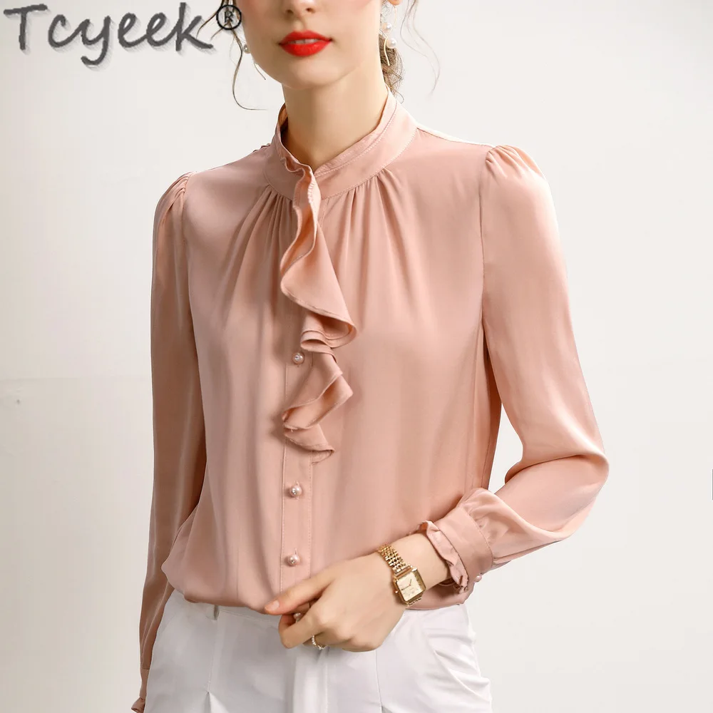 

92.3% Tcyeek Mulberry Silk Shirt Spring Summer Clothes Silm Elegant Blouse Solid Color Shirts Womens Tops تيشيرتات بأكمام طويلة