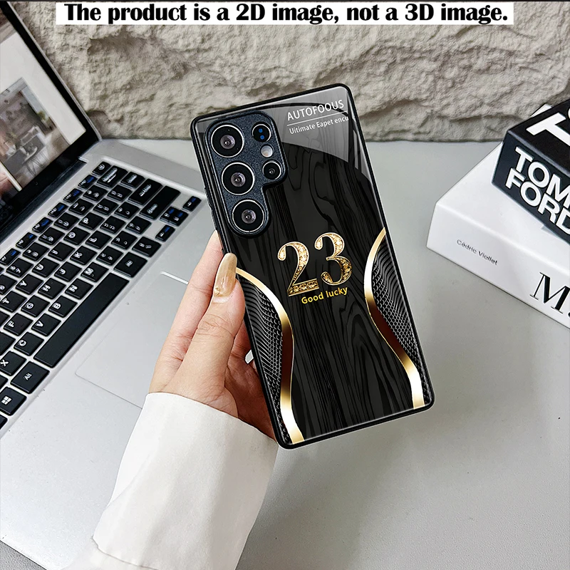Gold Black Lucky Number 23 Phone Case,2D Print Black Glass Cover for Samsung S & A Series,Shockproof Accessory