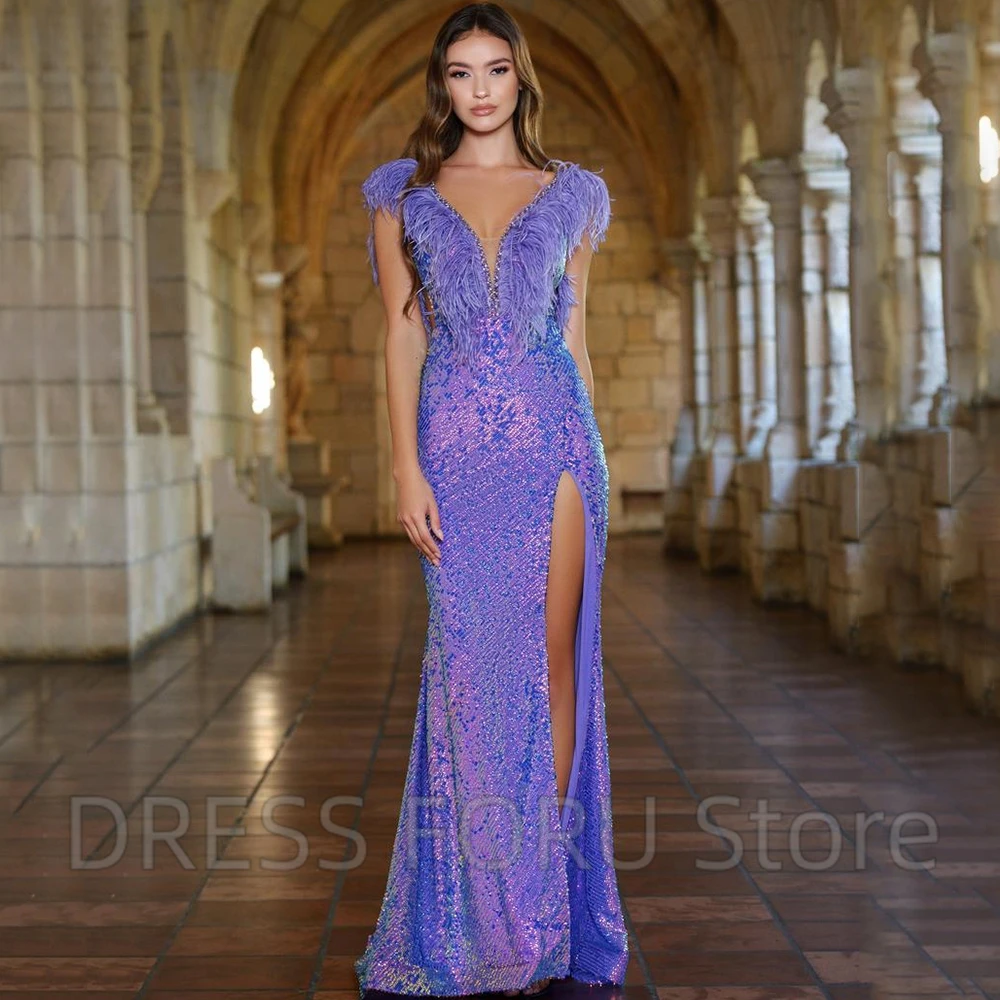 Vestido de noche Sexy con cuello en V profundo para mujer, abertura alta con plumas, espalda abierta, lentejuelas, largo hasta el suelo, sin mangas, vestidos de fiesta de banquete