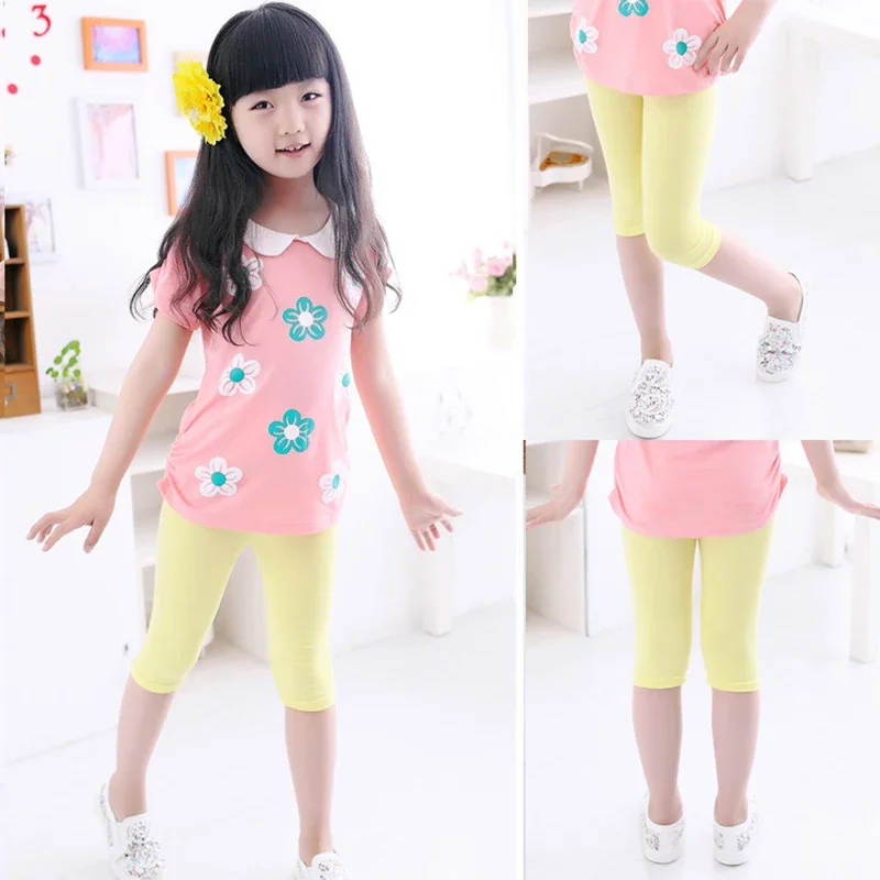 3-10 Years Ago Girls Knee Length Kid Fifth Pants Candy Color Children Cropped Clothing All-matches Bottoms Leggings