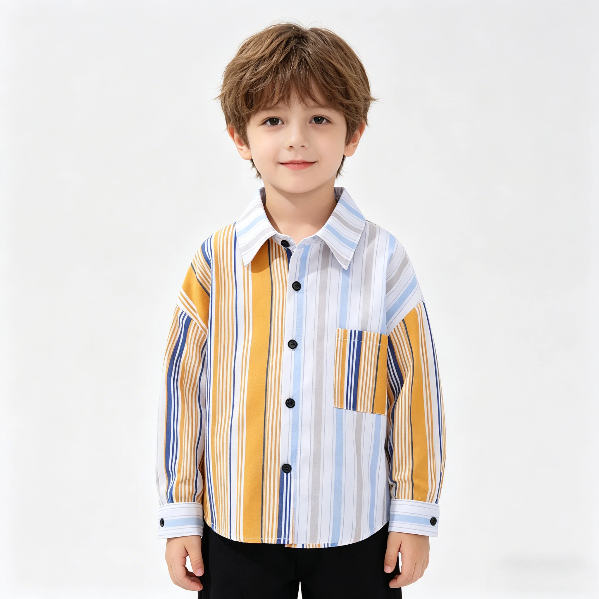 

Boys Vertical Striped Button Down Shirt Long Sleeve Casual Top Pocket for Kids School Daily Spring Fall Shirts Children Outfits