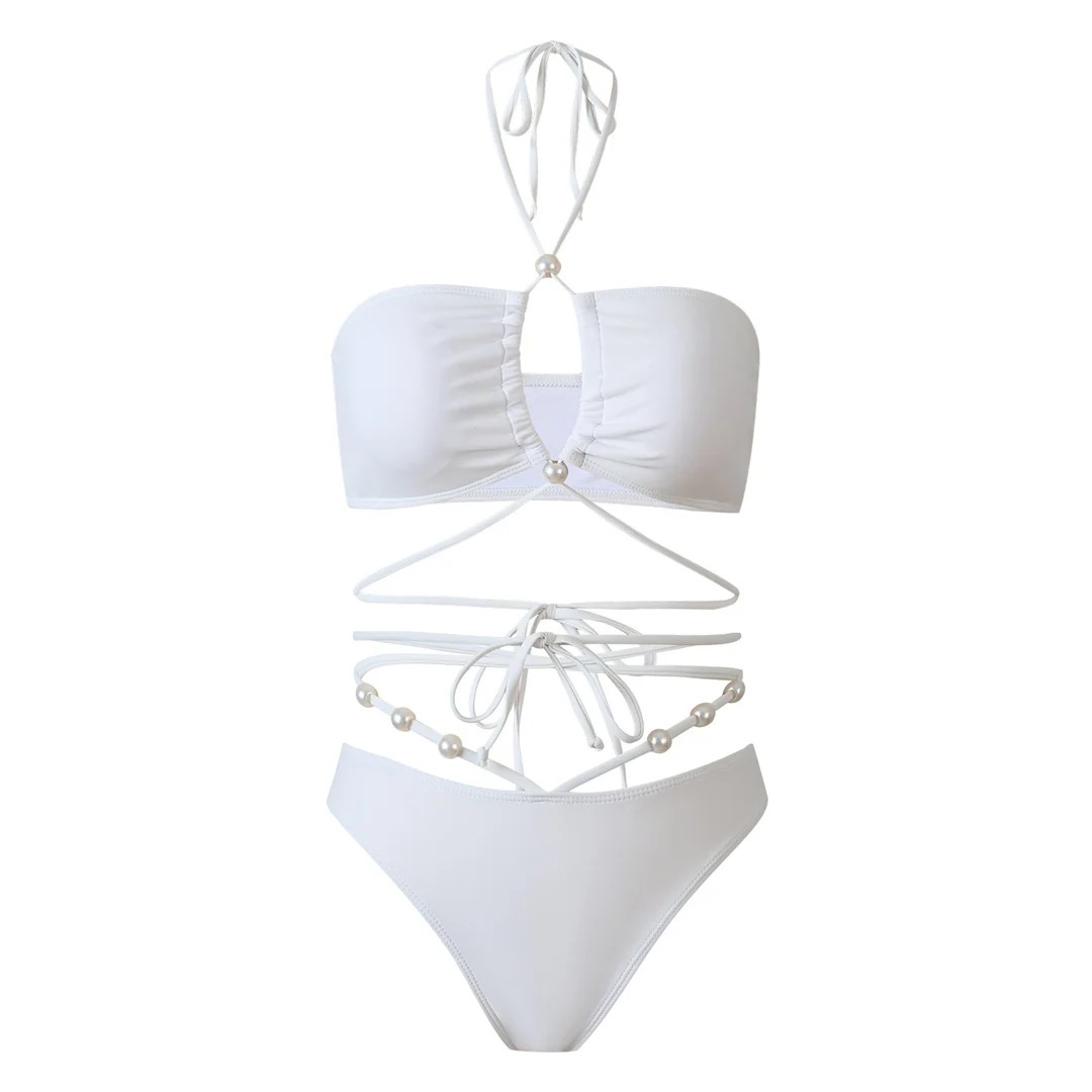 Perlenbesetzter Wickel-Bikini mit Rock, Damen-Badeanzug, dreiteiliges Bikini-Set, Badebekleidung, Badeanzug, Modell V6098 – Detail 3