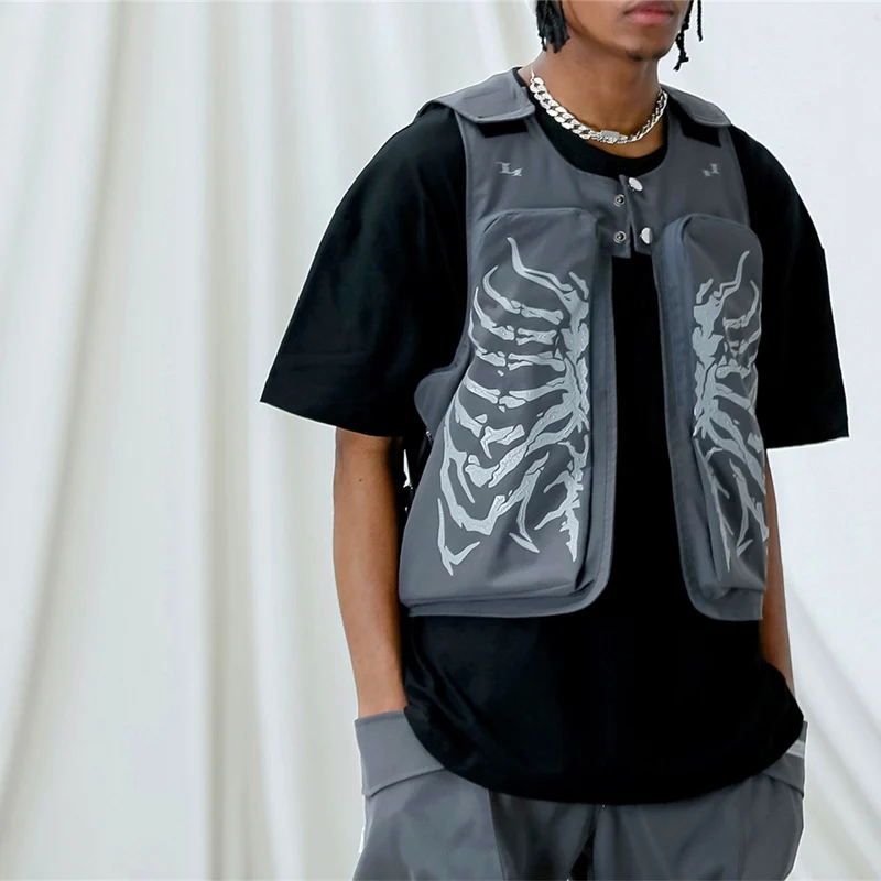 Dark Metal High Steet Hip Hop Heap Skull Printing Tech Wear Big Pocket Vest Tank Man Boy's GF BF Harajuku Chic Top