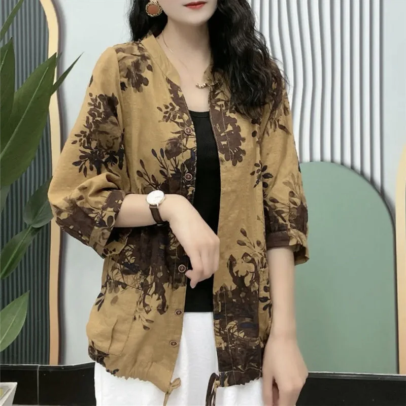 

2023 New Spring and Summer Fashion Print Contrast Color Panel Pocket Breathable Sun Protection Oversized Loose Fit Women's Shirt