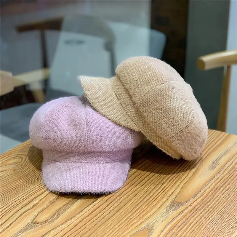 Mink Fur Octagonal Hat Baseball Cap for Women Spring Solid Color Warm Adjustable Pumpkin Beret Mountaineering Outdoor Chapeau