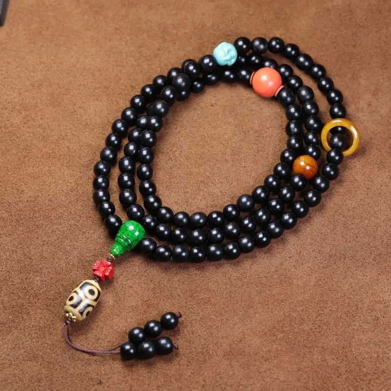 Natural black multi-strand bracelet 108 round sheep horn DIY Buddhist prayer beads paired with a Dzi bea