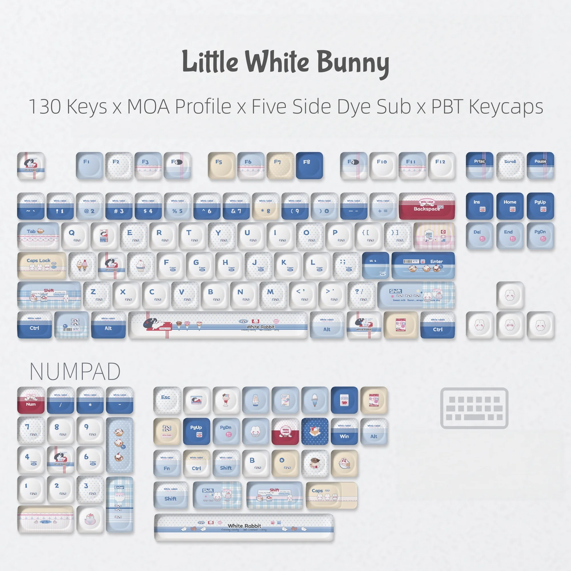 130 Keys Dye Sublimation PBT Keycaps Little White Bunny MOA Profle Cute Keycaps for MX Switches Mechanical Gaming Keyboard
