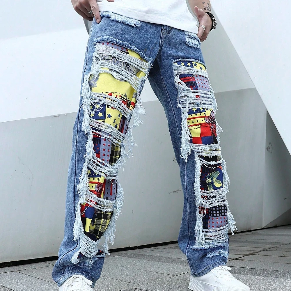 

Men's Loose Straight Denim Jeans for Men Cotton Soft Hip Hop Casual Trousers Patchwork Streetwear Daily Baggy Ripped Denim Pants