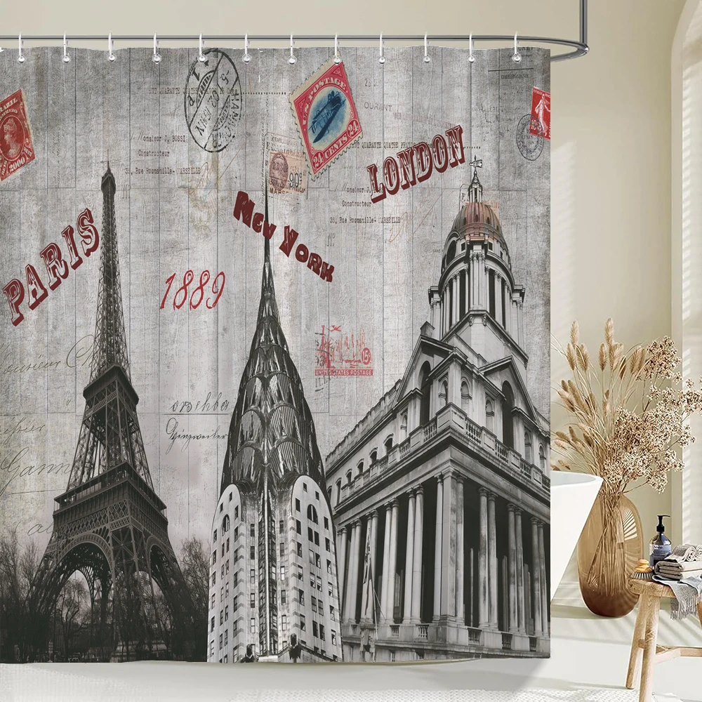 Paris Iron Tower Shower Curtain Decoration Old Flower Birds Scenery Shower Curtains Waterproof Washable Fabric Bathroom Screen