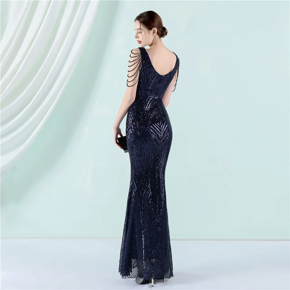 DEERVEADO Elegant V Neck Mermaid Evening Dresses for Women Bodycon Sequins Formal Dress with Beading Long Prom Party Dresses