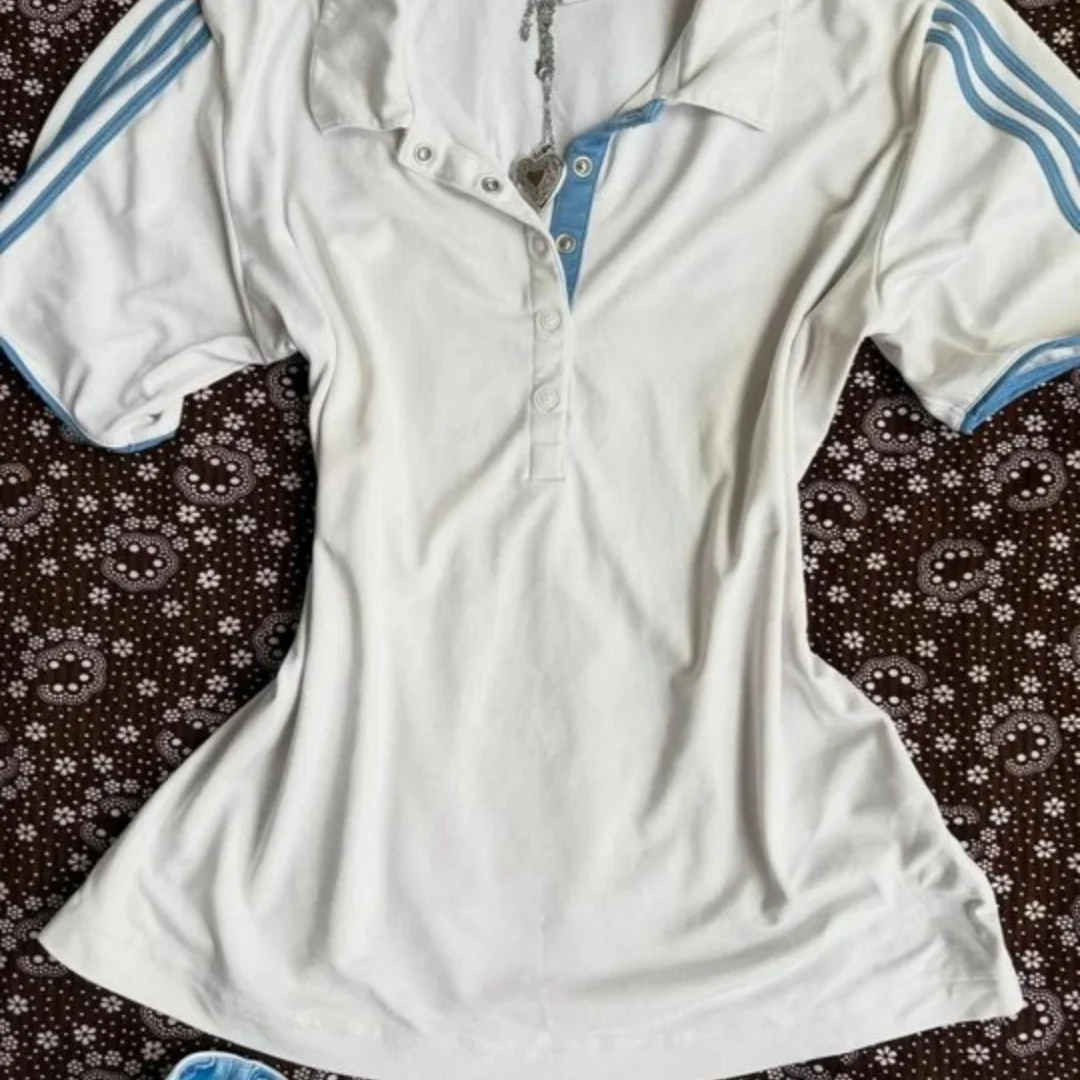 夏のホットガール スリムフィット ストライプ コントラスト レディースTシャツ アメリカンレトロ レディース半袖ポロ襟トップス