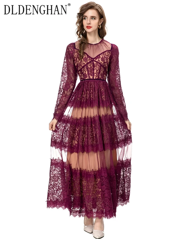 

DLDENGHAN Autumn Lace Dress Women O-Neck Long Sleeve Hollow Out Mesh Patchwork Vintage Long Dresses Fashion Designer New