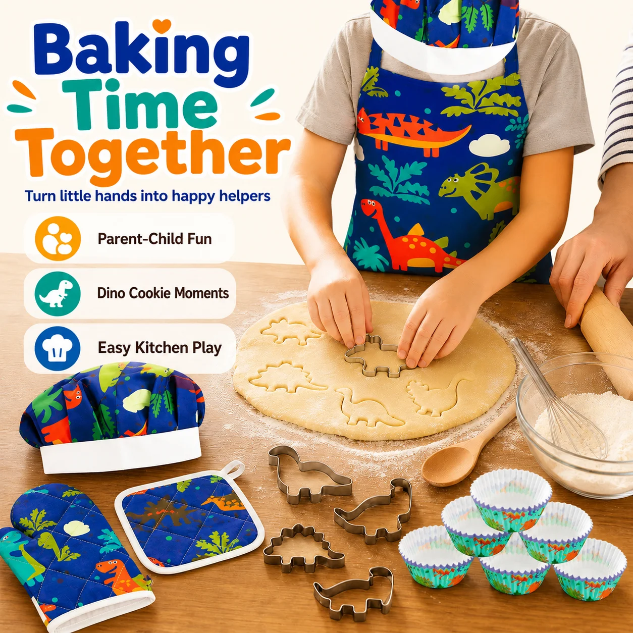 Dinosaur Kids Baking Set Chef Apron Hat Mitt Cooking Tools Kit Child DIY Cookie Cutters Cupcake Liners Kitchen Play Toy Gift view 2