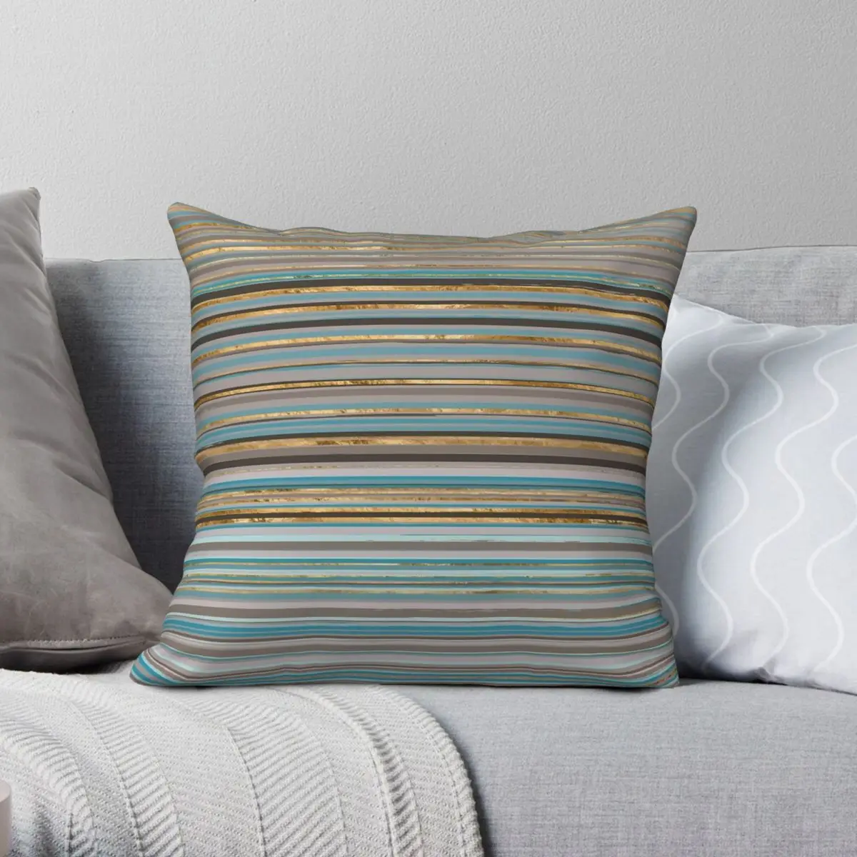 

Taupe Gold Teal Stripes Square Pillowcase Polyester Linen Velvet Creative Zip Decorative Pillow Case Home Cushion Cover