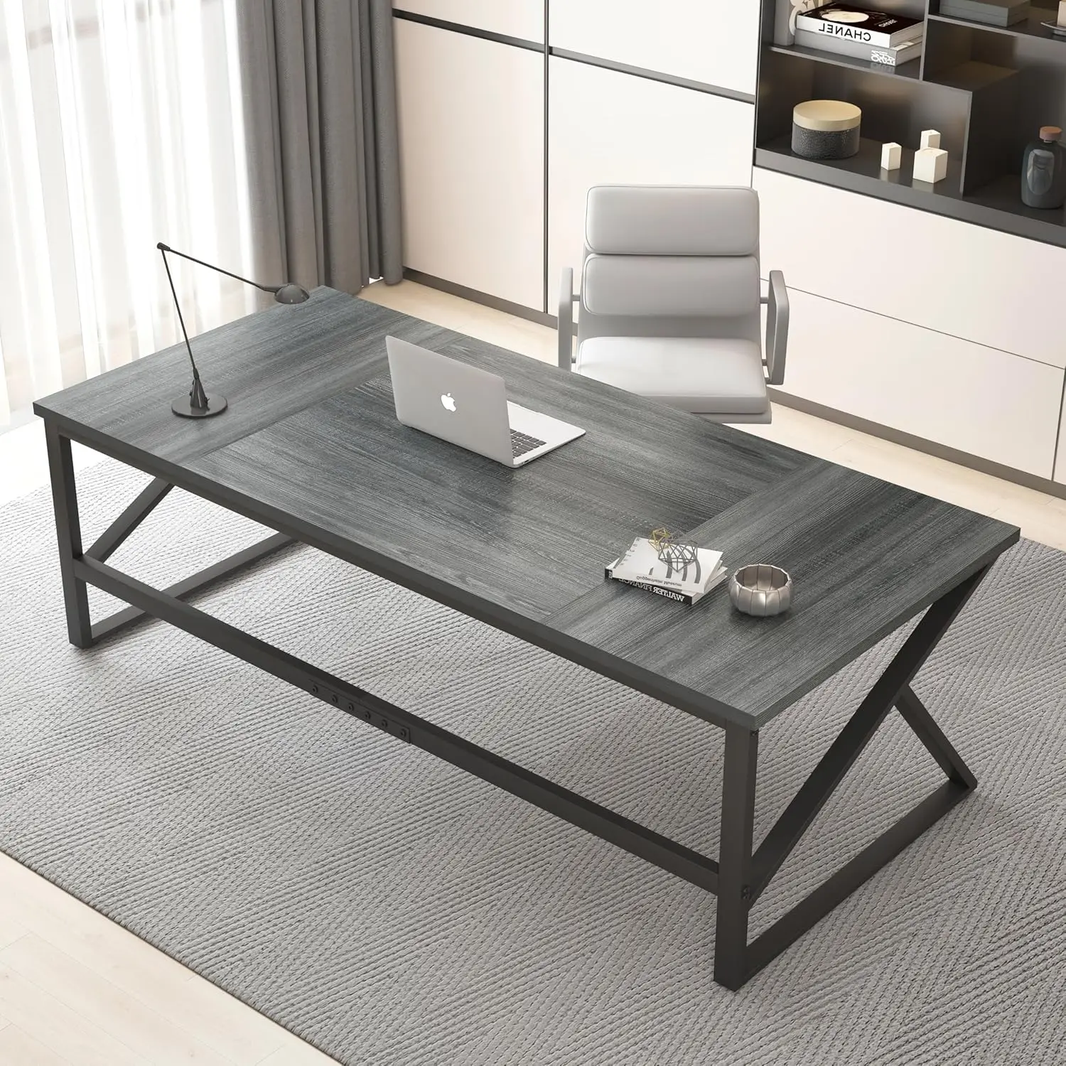 

Extra Long Computer Desk, Industrial Metal Wood Home Office Desk, Large PC Laptop Table for 2 Person Executive Writing W