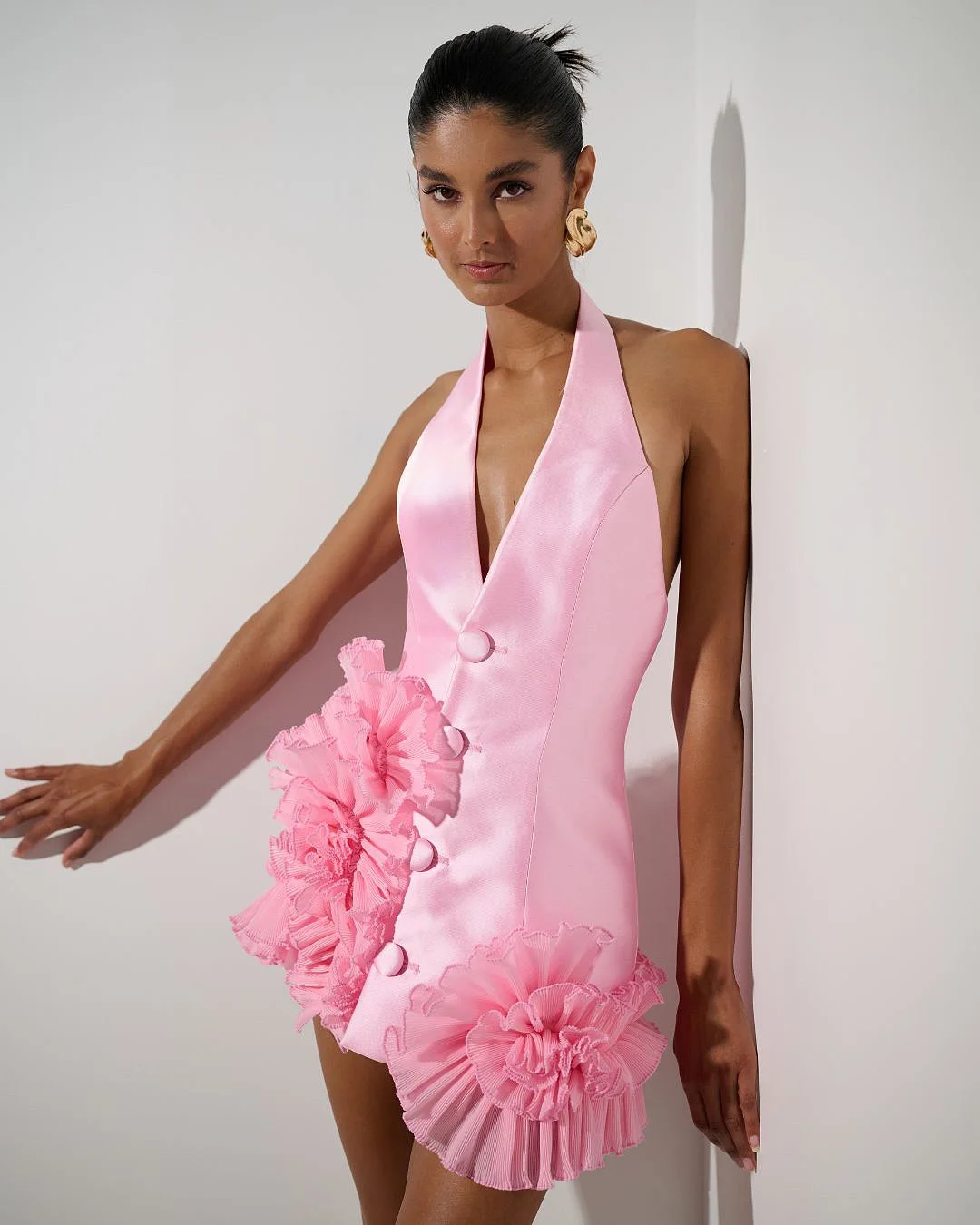 

Women Pink Party Dress High End Fashion Halter Deep V Neck Backless Appliques Mini Celebrity Evening Club Date Night Dresses