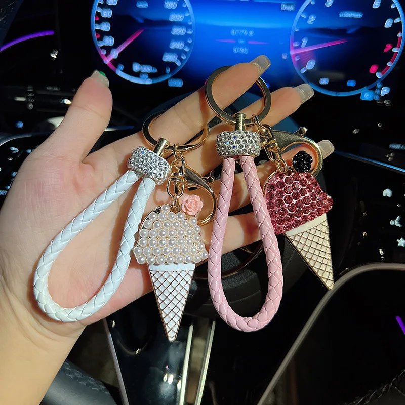 Cute Ice Cream Keychain for Women Girls - Sparkling Rhinestone & Leather Rope Bag Charms, Two-Tone Alloy Car Keys Decor