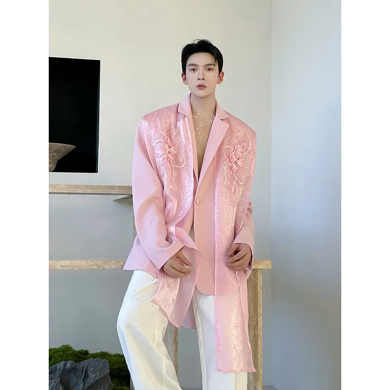 Pink Gauze Blazer Jackets Men Clothes 2026 Korean Luxury Personality Embroidery Men's Stage Performance Costume Fashion Coat Man