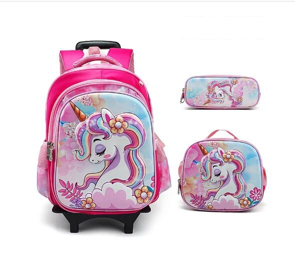 16 Inch Children School Trolley Backpack Set Wheeled Backpack Student School Trolley Bags for Girls School Rolling Luggage Bags