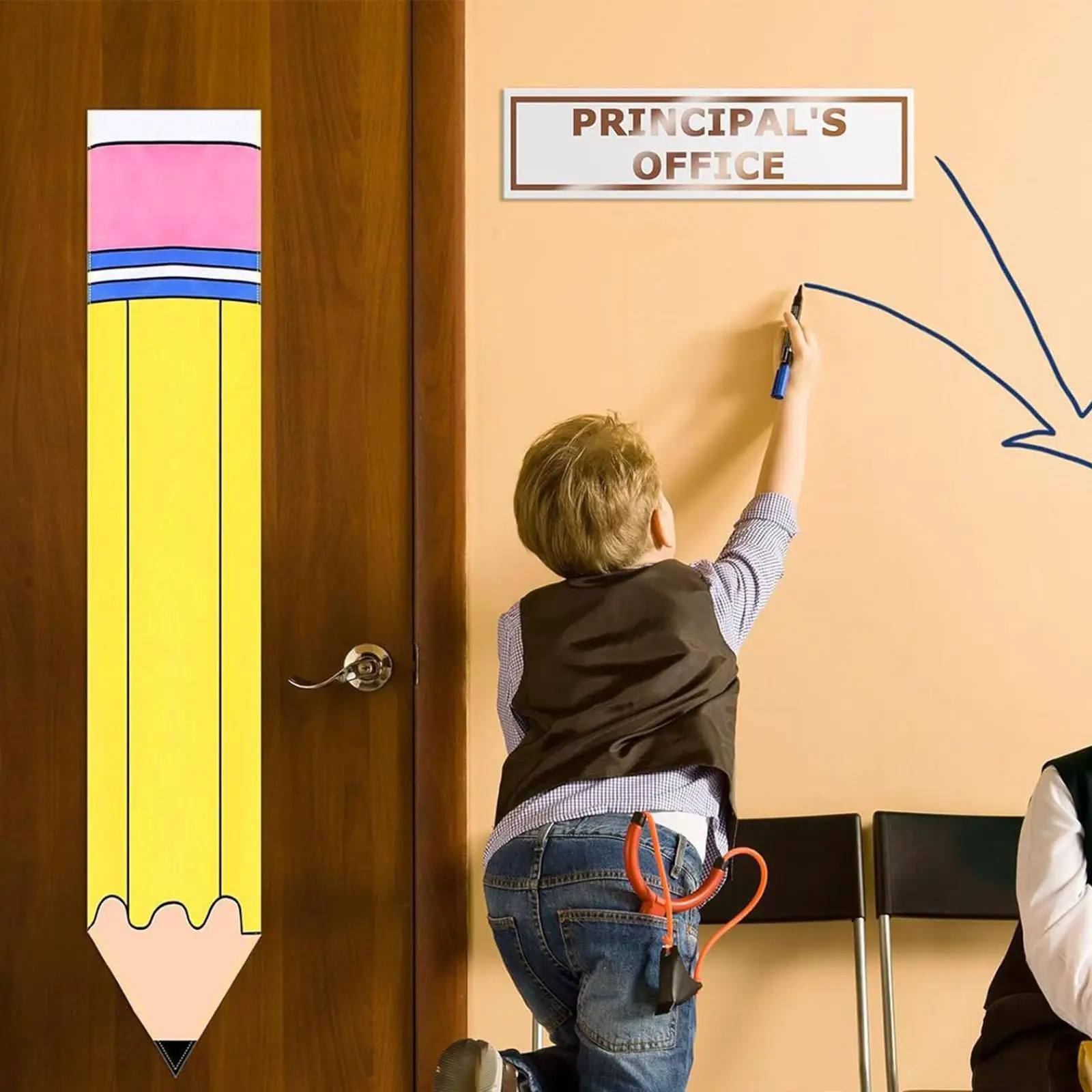 

Pencil Shape Classroom Door Window Cover Curtain with Tape Strip 42.7x8inch