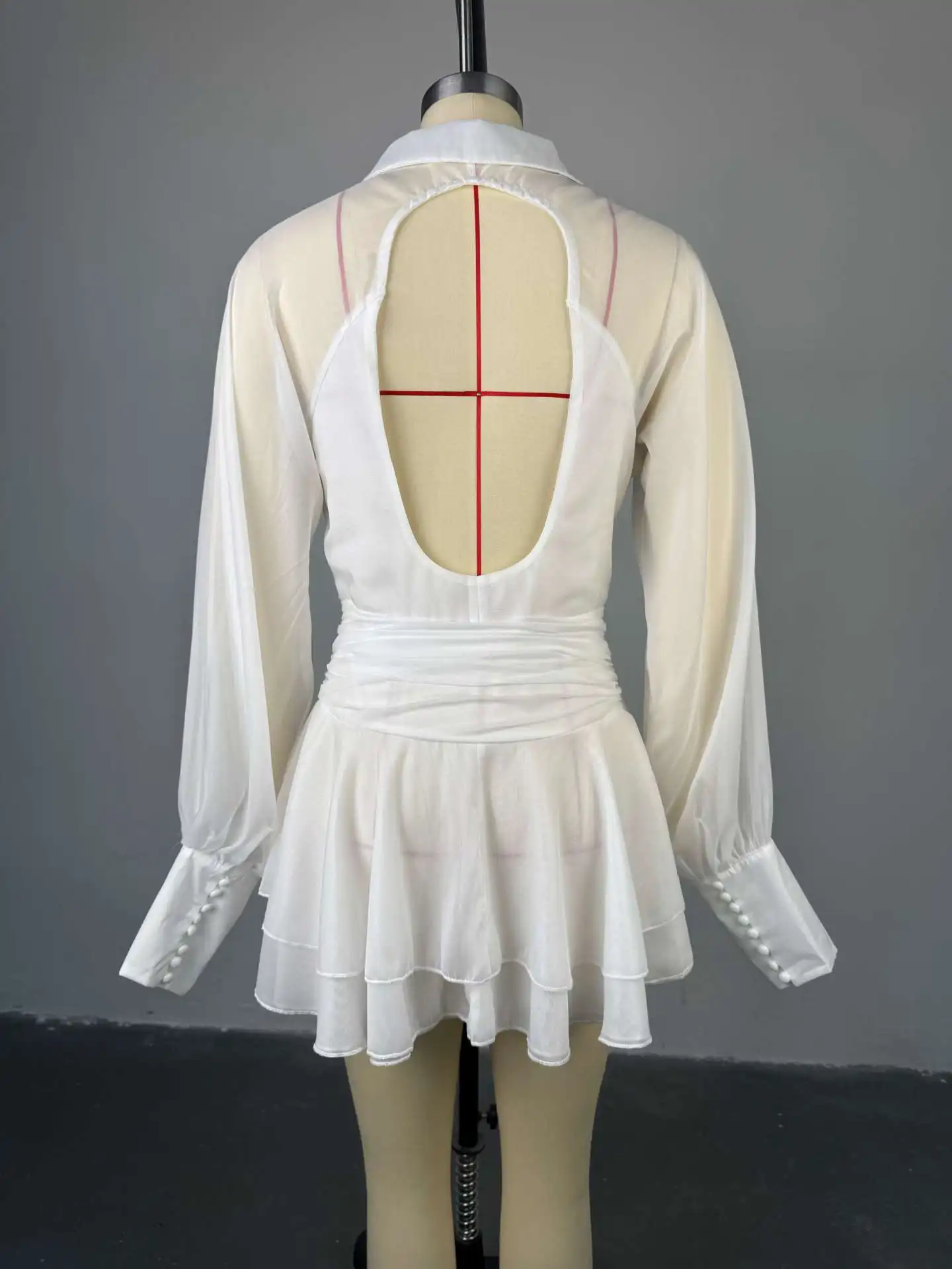 New Lantern Sleeve Shirt Top Skirt Two Piece Set Backless Cut Out Ruffled Pleated Mesh Cinched Waist V-Neck Blouse Fluffy Skirts