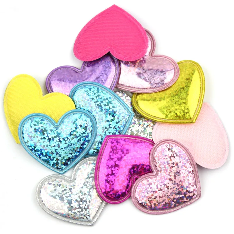 48Pcs 3.5*3.8cm Shiny PU Leather Heart Padded Appliques For Headwear Hair Clips Stick-on Accessories Baking Decoration Wholesale