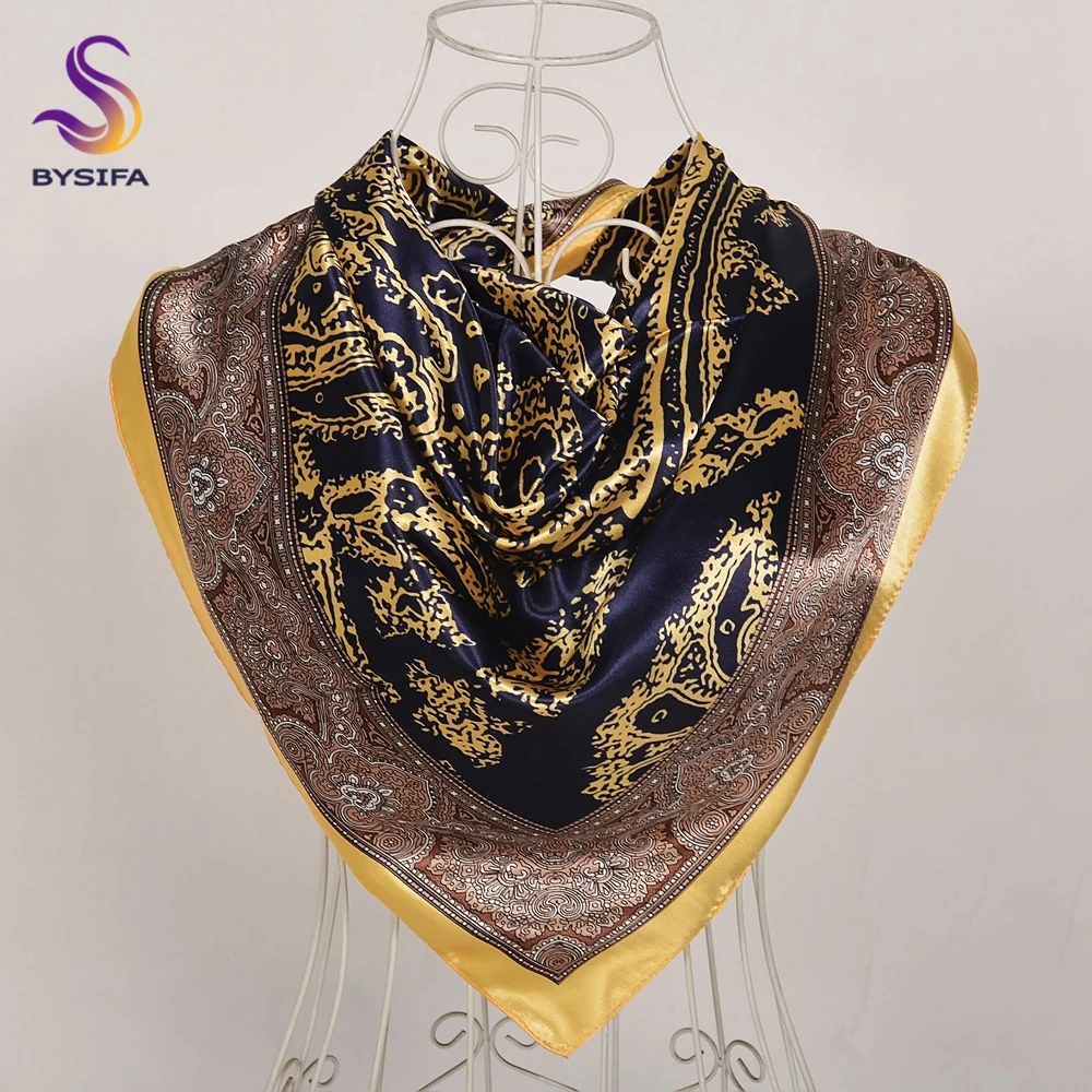 BYSIFA| Fashion Black Gold Silk Scarf Hijab Female Fall Winter Plaisely Square Headscarf Wraps Summer Beach Shawls 90*90cm