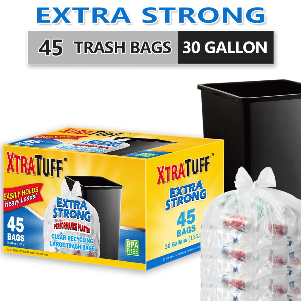 Xtratuff 30 Gallon Trash Bags White Recycle Clear Trash Bag Large Garbage Bags 45 Count