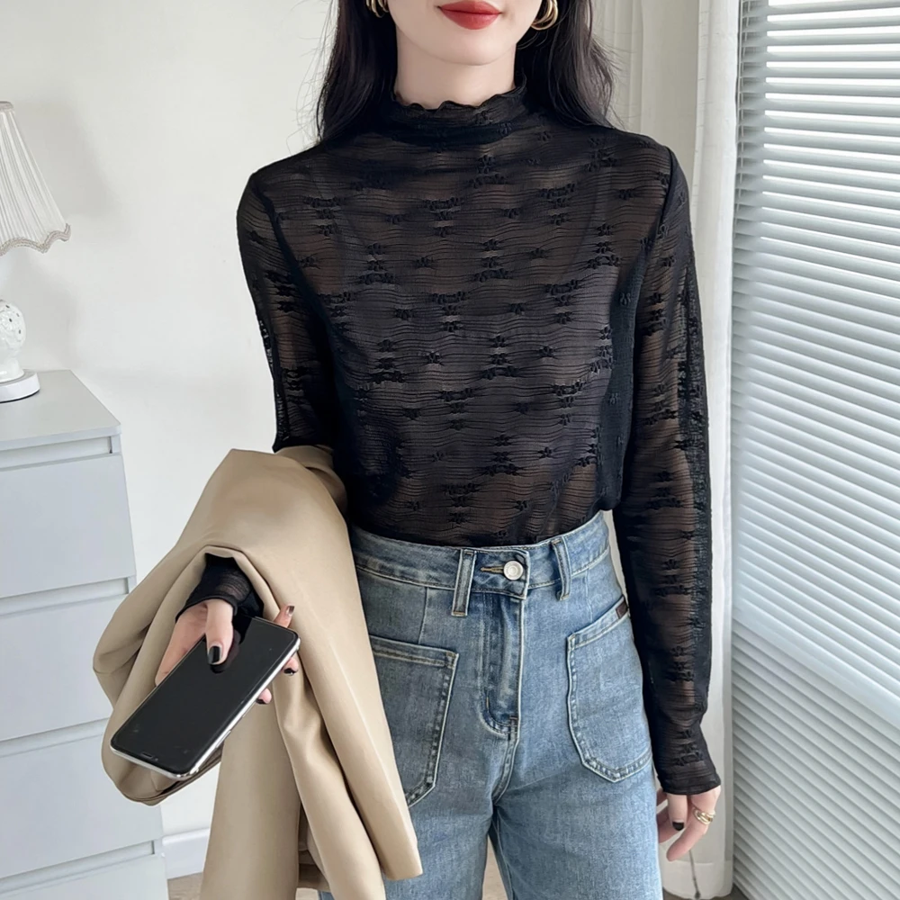 Sexy Women Half High Collar Long Sleeve T-shirt See Through Flower Embroidered Lace Tops Solid Slim Fit Cute Sheer Tees Shirts