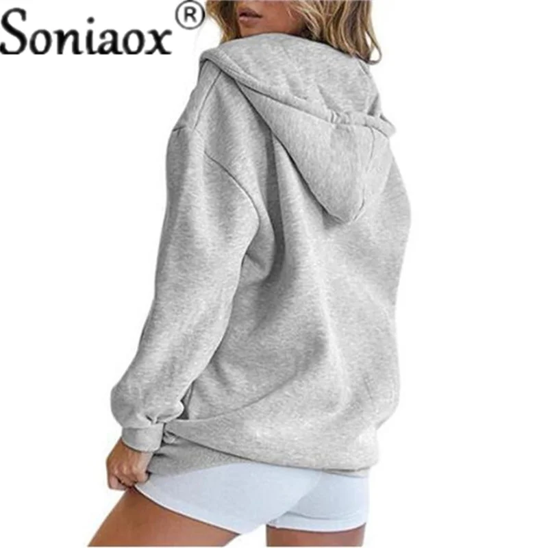 2022 Autumn Casual Solid Color Women Hooded Fashion Sweatshirts Long Sleeve Tops Drawstring Pockets Loose Zipper Black Hoodies