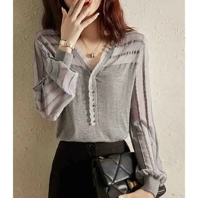 

Large Size Loose Fitting Female Fat mm Lace V-neck Base Chiffon Shirt Women Fashion Appear Thin Breathable Chiffon Shirt Tops