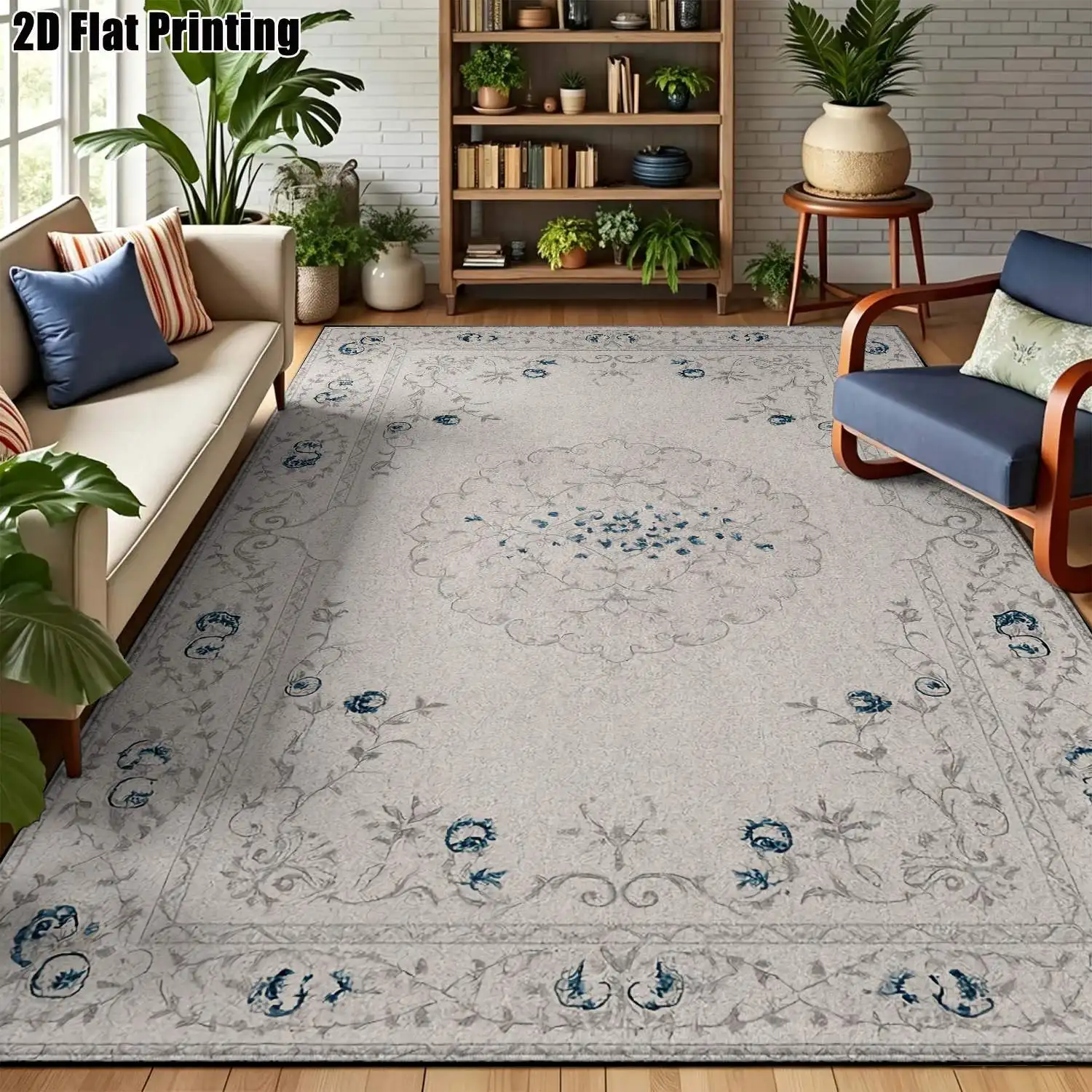 1Pc 2D Printed Carpet: Blue-Grey Floral & Vine Patterns, Vintage/European/Modern Minimalist/Instagram Style, Machine Washable, Multi-Size, Home Decor for Living Room, Bedroom, Dining Room, Entrance, Study