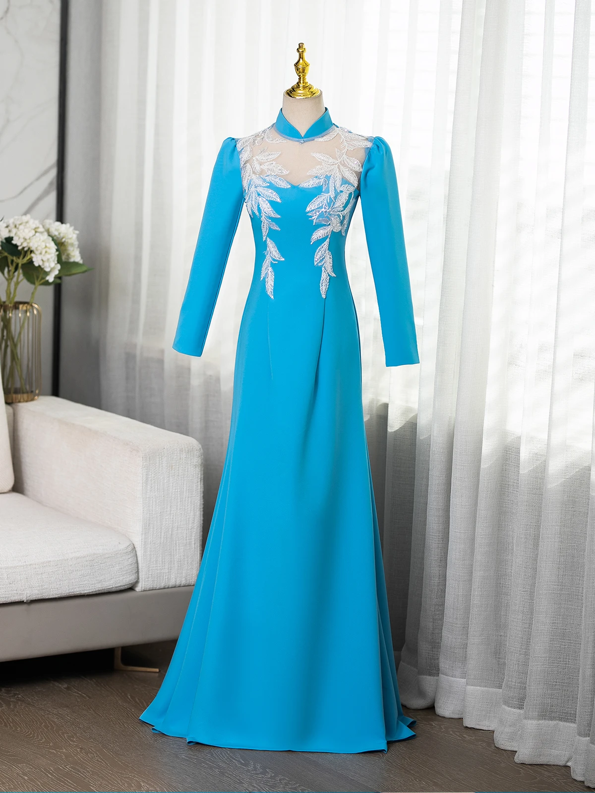 

Ele Blue Evening Gown Women's Host Ball Dr Luxury Ethnic Vocal Art Exam Performance Clothes Simple Sle Floral Mid...