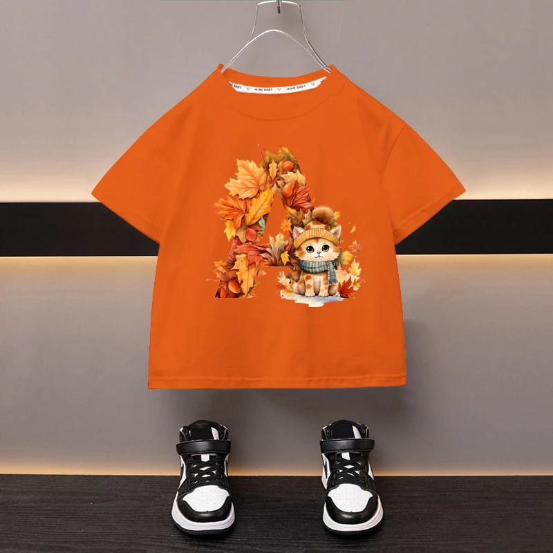 Maple Leaves Letter A Children T-shirt Kawaii Clothes for Girls T Shirt Anime Cartoons Casual Kid Boy Short Sleeve Tops New 2024