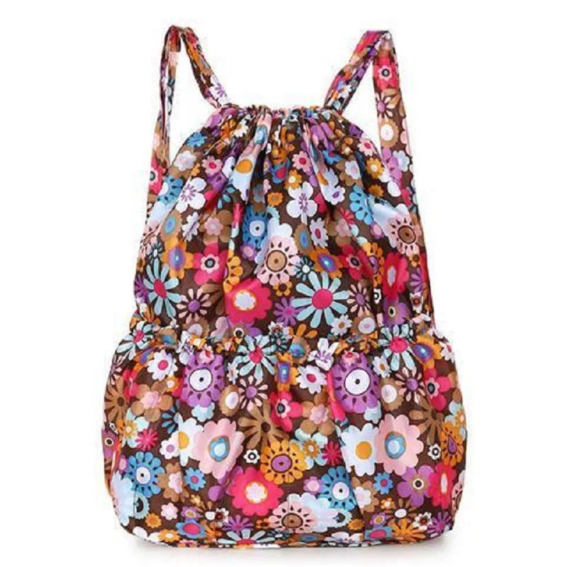 Nylon Drawstring Flower Design Bundle Pocket Backpack Women's Outdoor Sports Bag Mommy Large Capacity Backpack