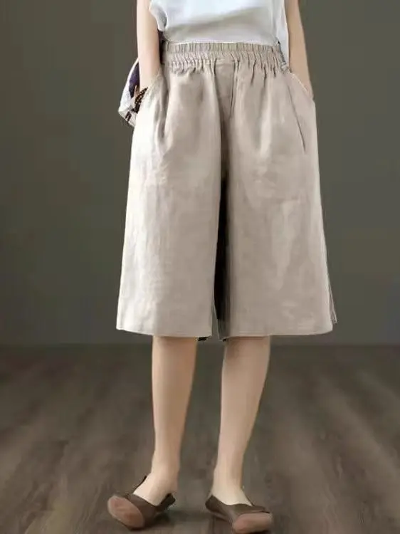 ارتفاع الخصر القطن الكتان خمس نقاط orts المرأة الصيف رقيقة فضفاضة عادية مستقيم الساق السراويل بنطال ذو قصة أرجل واسعة عادية Sle