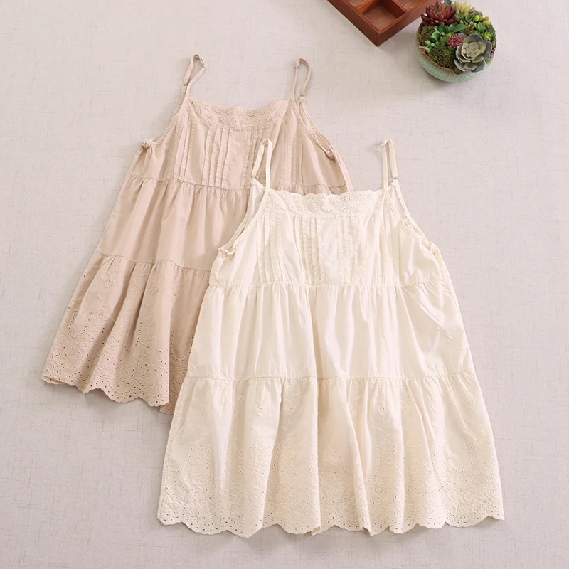 

Summer Japanese Sweet Mori Girl Embroidery Hollow Out Camis Tops Women Sleeveless Loose Cotton Lined Camisole Tank Tops