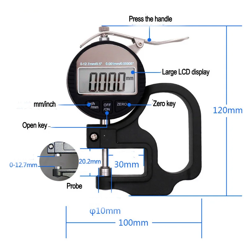 0-12.7mm Digital Thickness Gauge Meter Electronic Micrometer Micron Tester Measuring Instrument