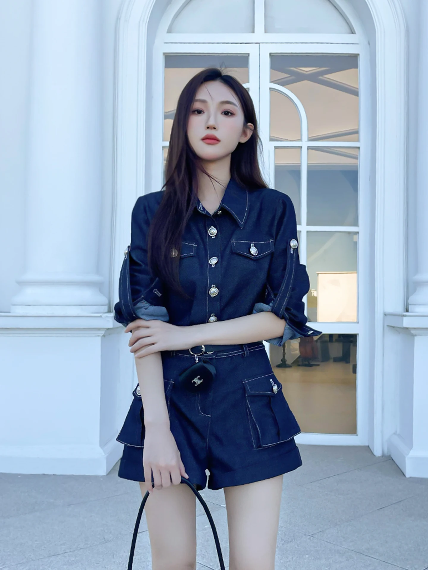 

Blue Denim Overalls Women's Autumn Winter Design Workwear ket Single Row Metal Bule Long Sve Collared One-Piece Pants