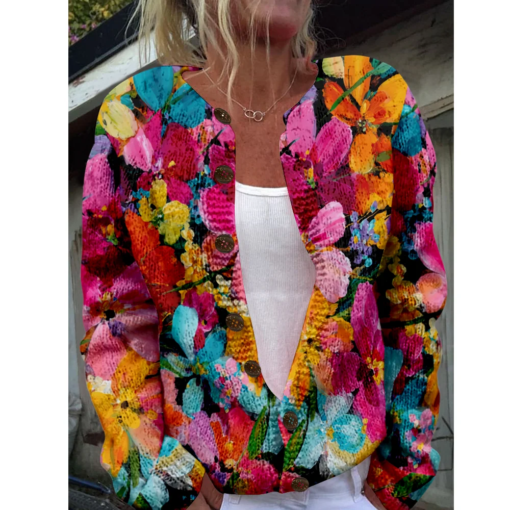 

Осень-зима вязаный кардиган с цветочным принтом винтажная мода повседневный свитер уличная одежда женские свитера вязаный топ уютные джемперы модные