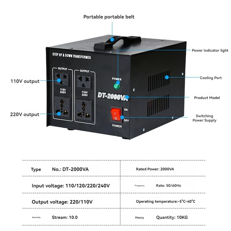 Portable Voltage Converter DT-10000 Step-Up & Down Transformer Efficient Conversion,For Household Appliances 110/220V